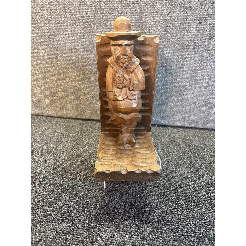 Vtg~Hand Carved Wooden~Single Bookend~Figural Old Man 9"